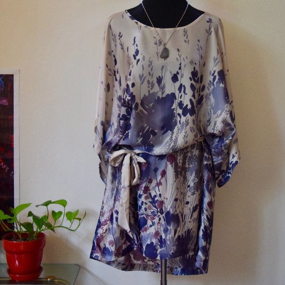 SISLEY oversized satin floral belted tunic dress S - Picture 2 of 7
